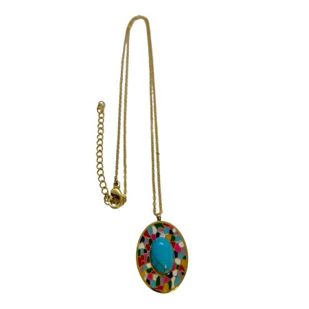 necklace steel gold oval with blue stone1